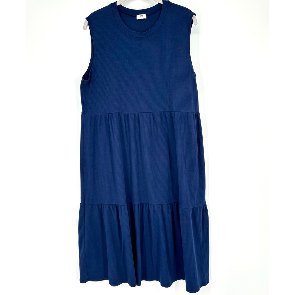 NLT LA No Less Than Tiered Midi Dress Sz L‎ Navy Made in USA Sleeveless Ribbed